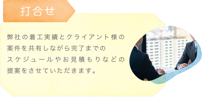 打合せ〜弊社の着工実績とクライアント様の案件を共有しながら完了までのスケジュールやお見積もりなどの提案をさせていただきます。