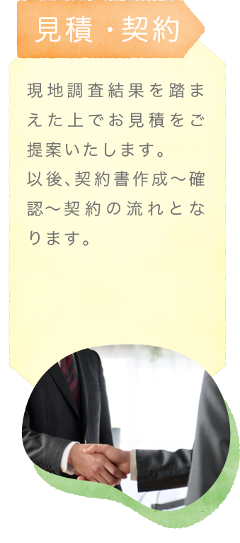 見積・契約〜現地調査結果を踏まえた上でお見積をご提案いたします。以後、契約書作成〜確認〜契約の流れとなります。