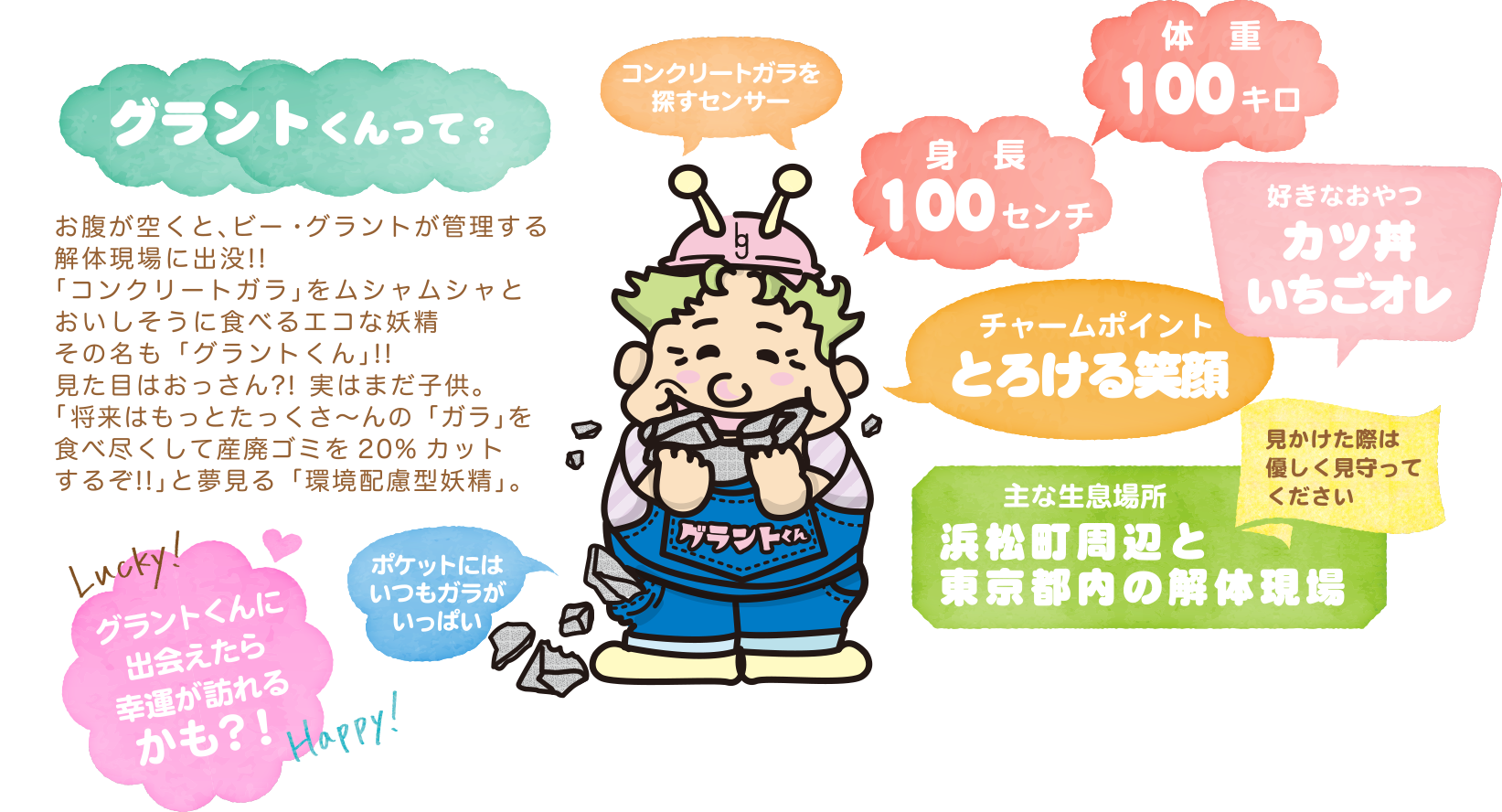 グラントくんって？〜お腹が空くと、ビー・グラントが管理する解体現場に出没!!「コンクリートガラ」をムシャムシャとおいしそうに食べるエコな妖精。その名も「グラントくん」!!見た目はおっさん?!z実はまだ子供。将来はもっとたっくさ〜んの「ガラ」を食べ尽くして産廃ゴミを20%カットするぞ!!」と夢見る「環境配慮型妖精」。