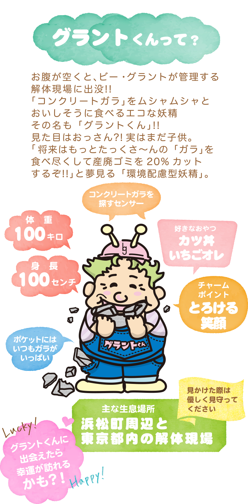 グラントくんって？〜お腹が空くと、ビー・グラントが管理する解体現場に出没!!「コンクリートガラ」をムシャムシャとおいしそうに食べるエコな妖精。その名も「グラントくん」!!見た目はおっさん?!z実はまだ子供。将来はもっとたっくさ〜んの「ガラ」を食べ尽くして産廃ゴミを20%カットするぞ!!」と夢見る「環境配慮型妖精」。